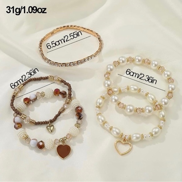 Boho Pearl & Crystal Heart Charm Bracelet Stack (5 Pieces) - Picture 5 of 6